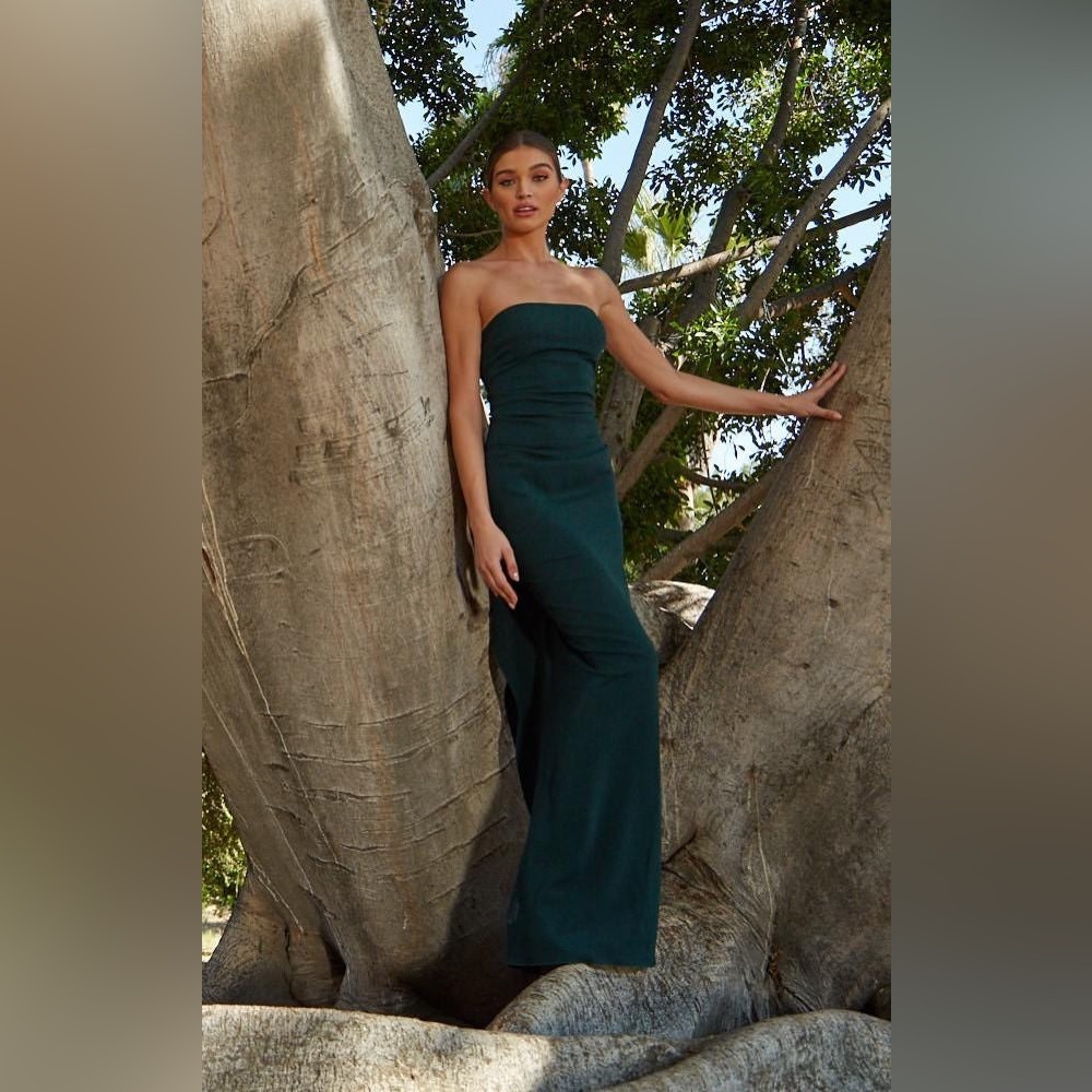 Nicole Bakti Emerald Green Ruffle Strapless Evening Gown (Size 8)